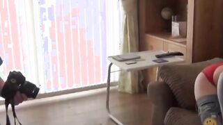 Redhead lady with amazing natural tits sucks nerds cock