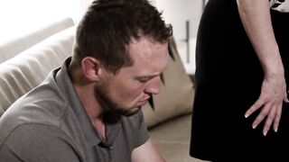Big tits landlady fucks MILFs husband