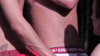 Tattoed hot guy gets his cock sucked and kissed by two guys