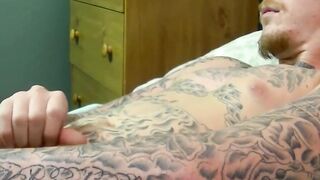Tattoed Ivy jerks off his cock and drains his balls of cum
