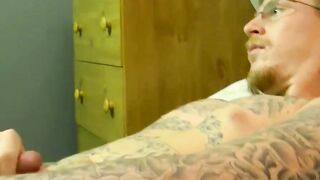 Tattoed Ivy jerks off his cock and drains his balls of cum