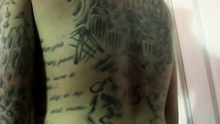Tattoed Ivy jerks off his cock and drains his balls of cum