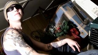 Skinny tattooed straight thug plays with his hairy cock