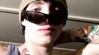Skinny tattooed straight thug plays with his hairy cock