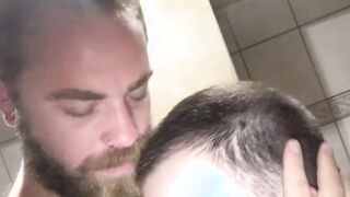Bareback fucking with macho studs with big beards in shower