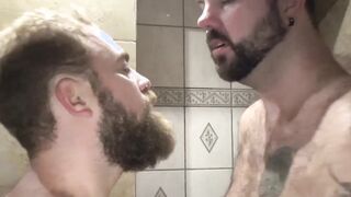 Bareback fucking with macho studs with big beards in shower