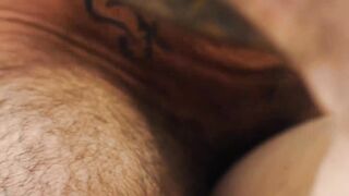 Bear with a fat ass lays down and lets inked stud pound him