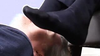 Cute business man with tattoos gets foot worshiped