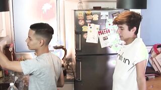 Kitchen bareback session with Latino twink and his friend