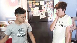 Kitchen bareback session with Latino twink and his friend