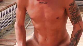 Inked blonde David Sky swallows big cock before hard banging