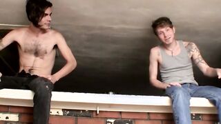 Two young straight thugs stroke their long dicks and cum
