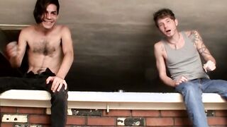 Two young straight thugs stroke their long dicks and cum