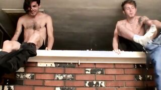 Two young straight thugs stroke their long dicks and cum