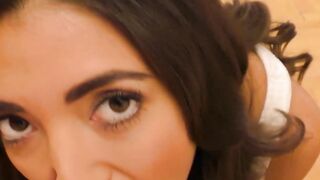 Young teen slut sucks old cock and rides it in POV