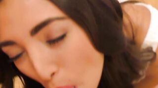 Young teen slut sucks old cock and rides it in POV