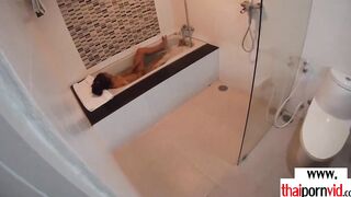 Amateur Thai teenagers Cherry banged into the hot tub by a huge white cock