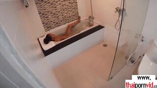 Amateur Thai teenagers Cherry banged into the hot tub by a huge white cock