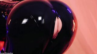 beauty curvy cougar Arya Grander bdsm camgirl pose into rubber pvc catsuit