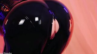 beauty curvy cougar Arya Grander bdsm camgirl pose into rubber pvc catsuit