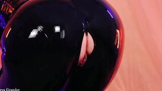 beauty curvy cougar Arya Grander bdsm camgirl pose into rubber pvc catsuit