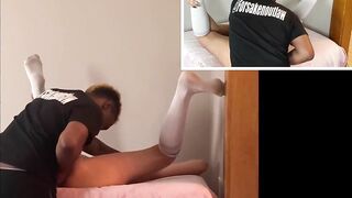 Beauty camgirl starts nailed dildo training by ebony manager while wearing knee high socks