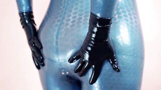 Beauty Arya Grander wearing shiny rubber clothing and seduce by pvc bdsm catsuit for satisfaction