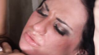 Busty teen gets a thick facial during group fucking