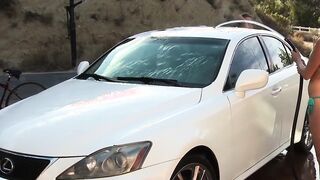 Zoey Foxx and Bailey Bae bang hard on a car they had washed