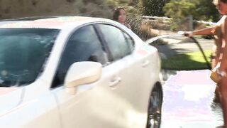 Zoey Foxx and Bailey Bae bang hard on a car they had washed