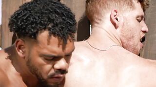 Interracial gay threesome cheating sex in a desert