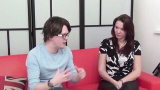 English redhead in hot pants pleasures nerd with fellatio
