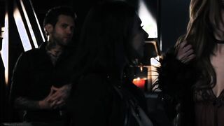 Submissive Goth bitches taking turns in riding stiff cock