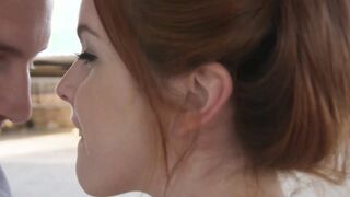 Redhead teen spreads her legs for deep pussy banging outdoor