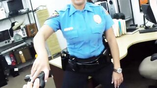 Cop uniform hottie caught hard riding huge cock in pawnshop
