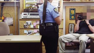 Cop uniform hottie caught hard riding huge cock in pawnshop