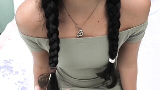 This skinny teen sucking cock has amazing perky tits