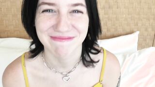 This skinny teen sucking cock has amazing perky tits