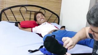 Tied up twink receives cumshot on feet after barebacking