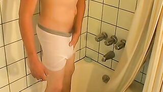 Homo takes a steamy shower in his underpants and masturbates