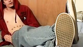 Young tattooed Bentley shows off feet and strokes his dick
