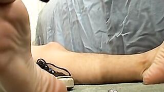 Young tattooed Bentley shows off feet and strokes his dick