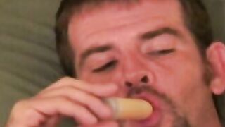 Handsome hairy dude plays with his dick and splooges solo