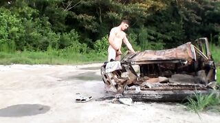 Muscular jock Elijah Knight wanks off his fat cock outdoors