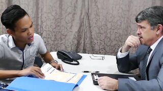 Asian twink and his older boss take turns for bareback sex