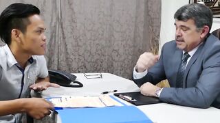Asian twink and his older boss take turns for bareback sex