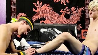 Before getting fucked hard he gets his little feet worshiped