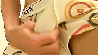 Cute cock guzzler lowers his undies and masturbates solo