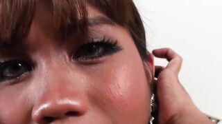 Asian tranny tugging her big dick until she cums hard