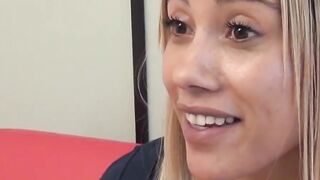 Attractive woman eats a sleazy fake producers sticky cum